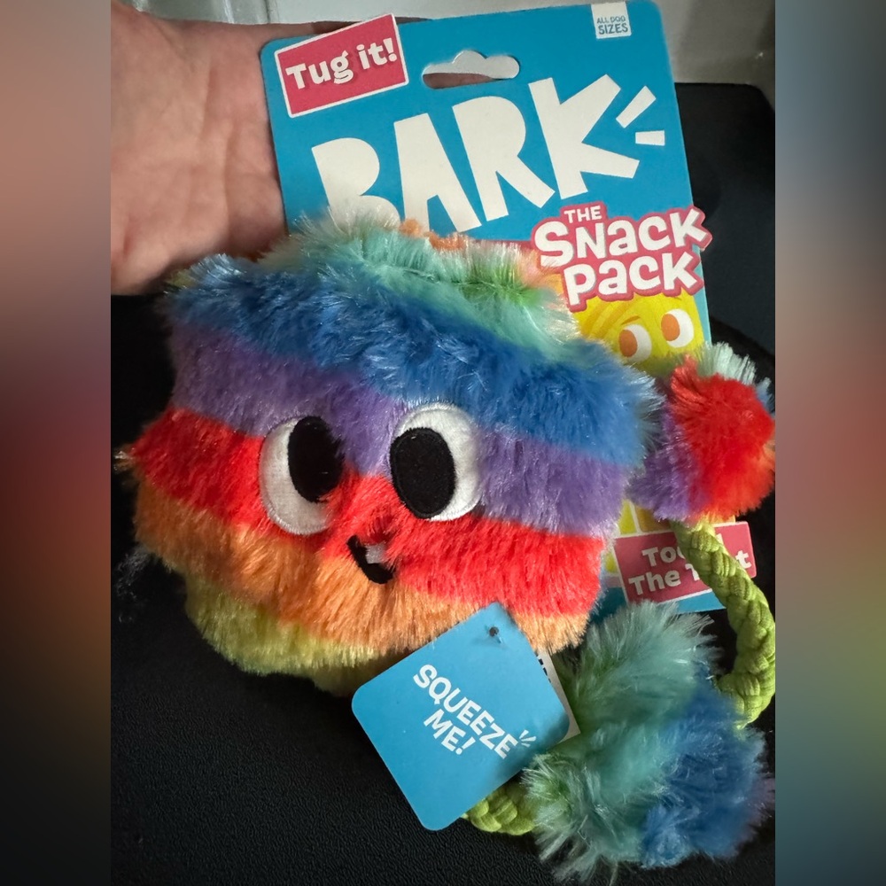 Bark Box super chewer Rainbow snack pack dog toy NEW fruity toot tug & shred